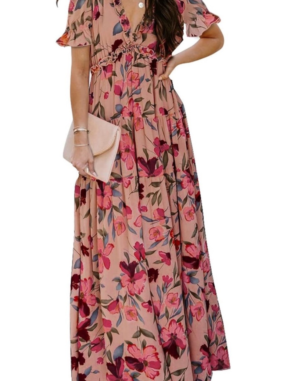 BLENCOT Womens Casual Floral Printed V Neck Maxi Dress